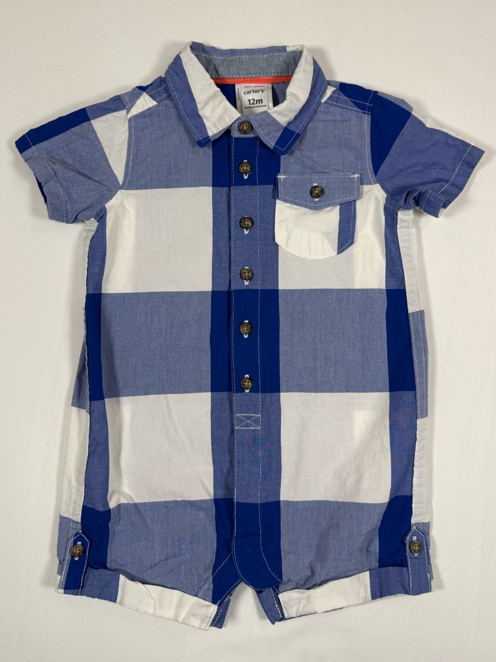CARTER’S Boys Coastal Preppy Blue Buffalo‎ Plaid Button Nautical Romper 12M
